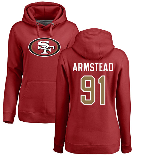 San Francisco 49ers Red Women Arik Armstead Name and Number Logo #91 Pullover NFL Hoodie Sweatshirts